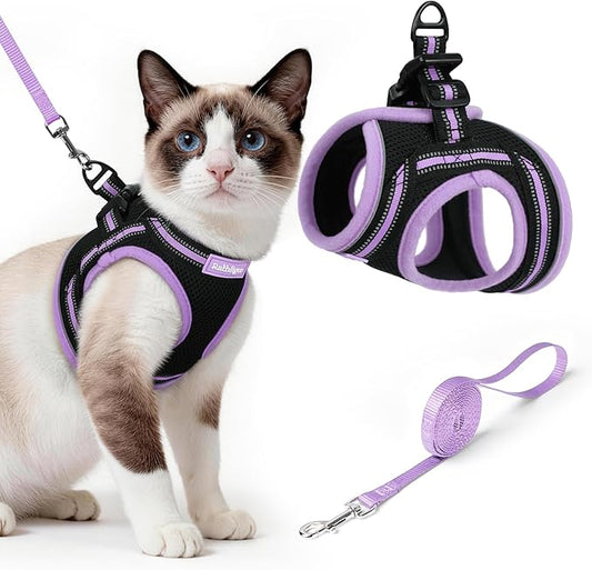 rabbitgoo Cat Harness and Leash, Step-in Escape Proof Kitten Harness Set, Soft Comfortable Cat Vest, Easy to Wear and Adjust, Reflective for Safe Outdoor Walking, Black&Light Purple, Large