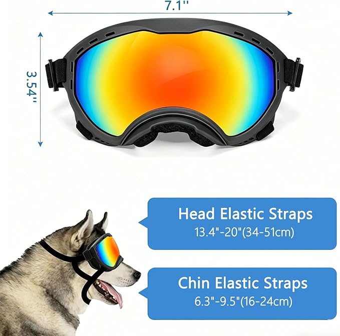 Dog Goggles for Medium to Large Breeds, UV Protection Dog Sunglasses with Colored PC Lens, Soft TPU Frame and Adjustable Straps, Windproof Dustproof Anti-Fog Pet Eyewear for Outdoor Activities (Black)