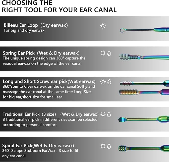 Hion 6 Pcs Ear Wax Removal Kit,Professional Double-Headed Ear Pick Earwax Removal Tools,316L Stainless Steel Ear Cleaner Curette with Cleaning Brush and Storage Box,Suit for Kid Adult(Colorful)