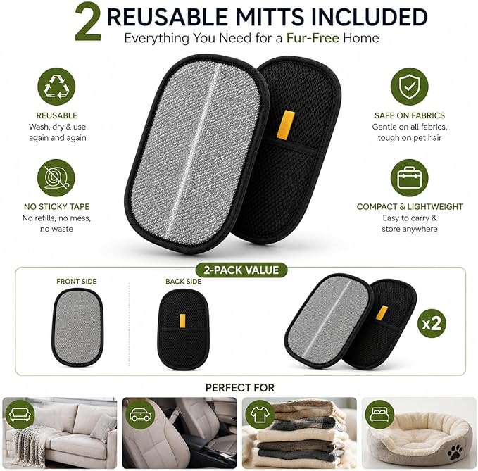 Pet Hair Remover Glove 2-Pack, Reusable Pet Hair Remover for Couch, Carpet, Furniture & Car Seats, Washable Lint Remover Mitt for Dog & Cat Hair