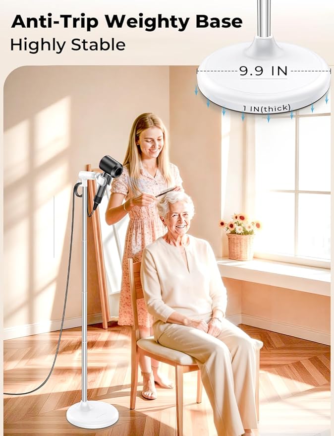 Hands-Free Hair Dryer Stand for Blow Dryers Hairdryer Holder for Families & Pet Grooming Bathroom Use Hair Dryer Holder with Anti-Slip Stable Base, Adjustable Height 16.7 - 50 Inch