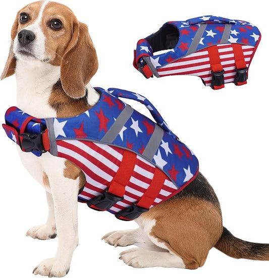Kuoser Dog Life Jacket with Reflective Stripes, Dog Life Vest for Swimming Boating, Adjustable Pet Lifejackets with High Flotation, Doggie Swimsuit for Small Medium Large Dogs