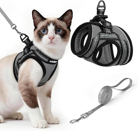 rabbitgoo Cat Harness and Leash, Step-in Escape Proof Kitten Harness Set, Soft Comfortable Cat Vest, Easy to Wear and Adjust, Reflective for Safe Outdoor Walking, Grey, Large