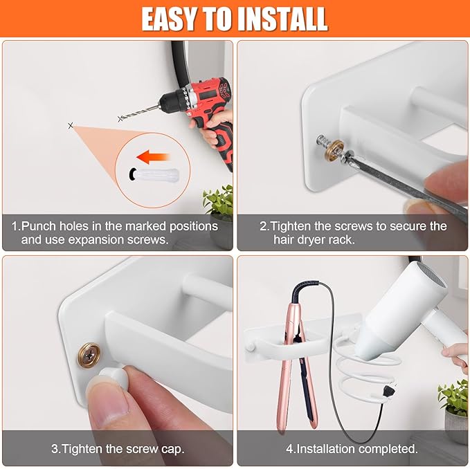 YUET Hair Dryer Holder Hairdryer Station Wall Mounted Shelf Bracket Straightener Stand Hanger Organizer Blow Storage with Cable Tidy Rack For Dressing Table Bathroom Aluminum Professional, White