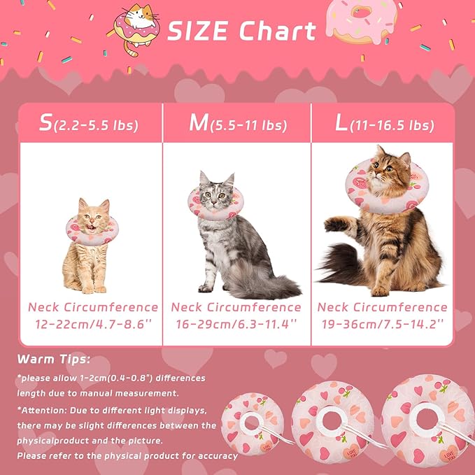 Seyezo Cat Cone Soft Collar, Adjustable Cat Recovery Collar for Small Medium Large Cats, Cute Donut E Collar After Surgery, Anti-Lick Recovery Elizabethan Collar for Kittens (Pink Heart, Small)