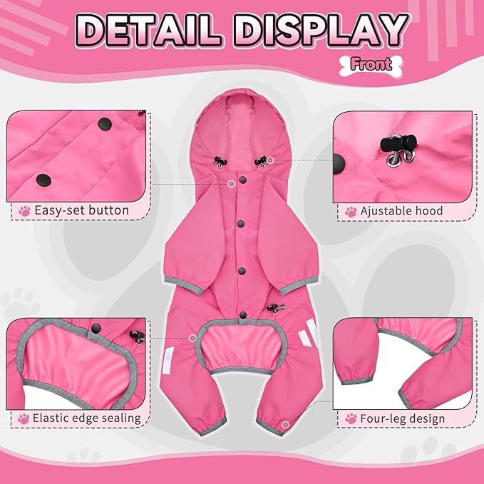 Dog Raincoat, Waterproof Dog Rain Jacket with Hood, Rain Coat with Leash Hole, Reflective Strap for Small Medium Dogs, Lightweight Puppy Clothes(Pink,XS)