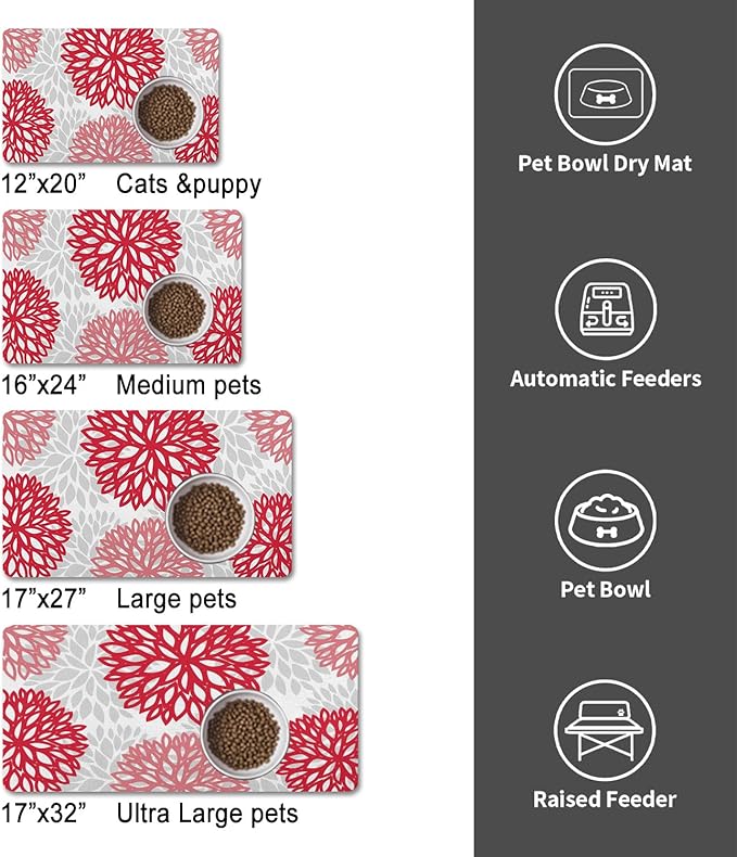 Dog Food Mats for Floors, Absorbent and Quick-Drying Pet Cat Food Mat,Anti-Fouling and Easy-to-Clean Pet Feeding Mat,Dog Bowl Mat for Messy Drinking Water Bowls.17x27, Bohemia Dahlia Floral Style
