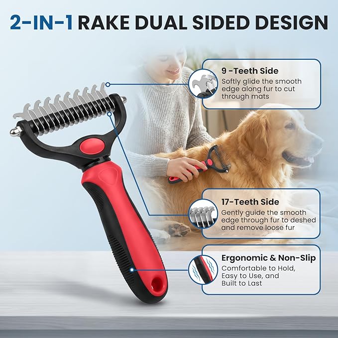 Double-Sided Pet Grooming Rake - 4-in-1 Professional Pet Grooming Kit Deshedding Dematting Tool for Dogs Cats Extra-Wide Grooming Brush & Deshedder Comb for Long & Short Haired Pets (Red Kit 4PCS)