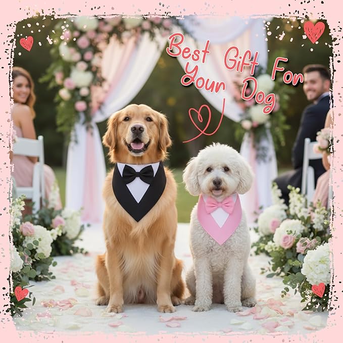 Gilprop 4 Pcs Formal Dog Outfit Dog Tuxedo Sets with Bowtie Wedding Dogs Bandana Collar with Nylon Leash Wedding Outfit Suit Adjustable Pet Party Costumes for Birthday(Black,Pink,Large:21"-24.5")