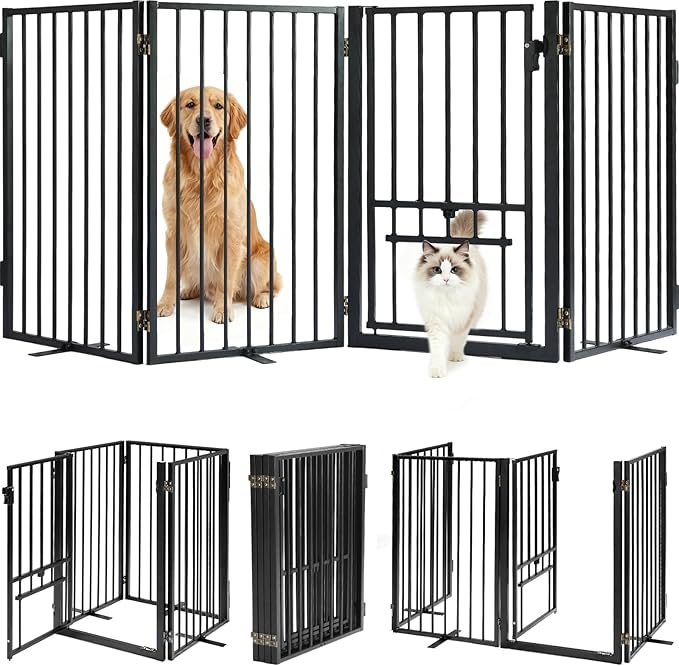Metal Freestanding Dog Gate with Cat Door for Indoor & Outdoor,34" Tall Foldable Dog Fence,80" Extra Wide Pet Gate for RV Camping,Stairs,Deck,Yard,Doorways,with 3PCS Support(4 Panels,Black)