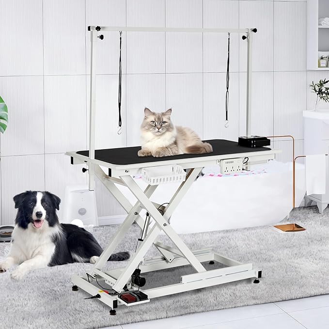 GarveeHome 50" Dog Grooming Table, Electric Hydraulic Grooming Table with Aluminium Overhead Arm, Anti Slip Tabletop, 6 USB Ports for Large Dogs At Home and Salon, Maximum Capacity Up to 300Lb, White