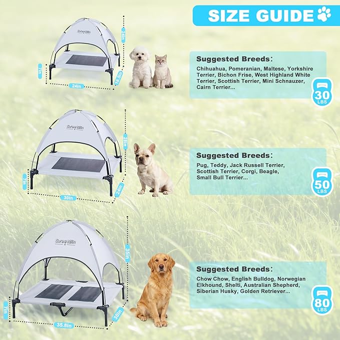 S/M/L Outdoor Raised Dog Cot with Canopy & Side Shade - Portable Cooling Elevated Dog Bed for Camping Beach (with Carry Bag)