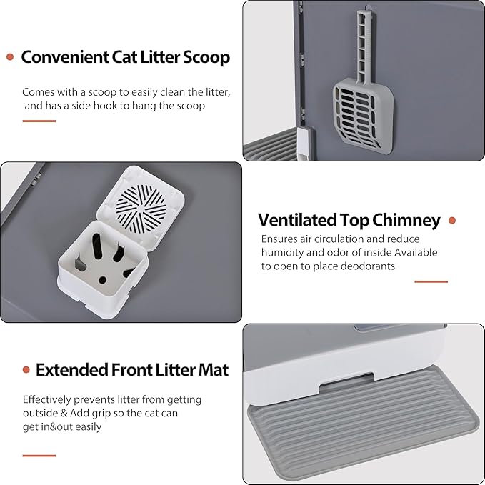 Large Enclosed Cat Litter Box with Mat and Litter Scoop Covered Cat Litter Pan, Odorless Toilet Anti-Splashing Kitty Pan, Gray