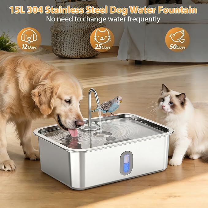 Dog Water Fountion for Large Dogs,15L/4 Gal Stainless Steel Automatic Pet Water Dispenser,Ultra Quiet Dog Fountain Water Bowl with Water Level Window & LED Light, Include 6Set Filter