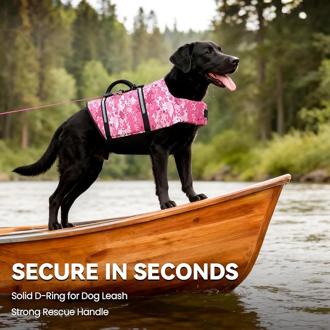 VIVAGLORY Rip Stop Dog Life Vest, Swimming Vest with Handle, Buoyancy for Doggy Puppy, Dog Life Jacket for Swimming & Boating, L, Camo Pink