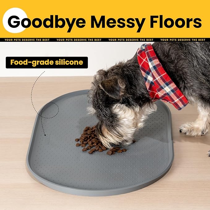 Conlun Dog Food Mat,1/2 Inch Raised Edges Cat Feeding Mat for Spill Containment,BPA-Free Silicone Pet Food Mats for Floor Waterproof,Rubber Dog Placemats for Food and Water Bowls(Grey,19"x12")