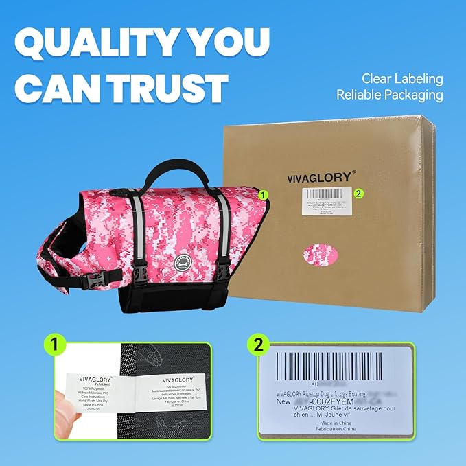 VIVAGLORY Rip Stop Dog Life Vest, Swimming Vest with Handle, Buoyancy for Doggy Puppy, Dog Life Jacket for Swimming & Boating, L, Camo Pink