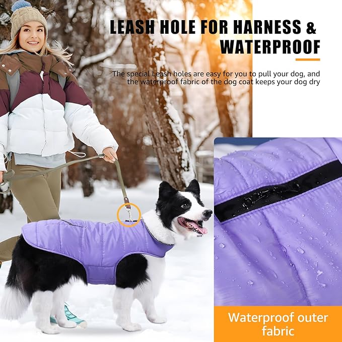 Dog Winter Coat for 2X- Large Dogs, Easy on XXL Dog Fleece Jacket Velcro Waterproof Pet Puffer Clothes with Harness Hole Adjustable Reflective Quilted Pet Cold Weather Vest for Girl Female