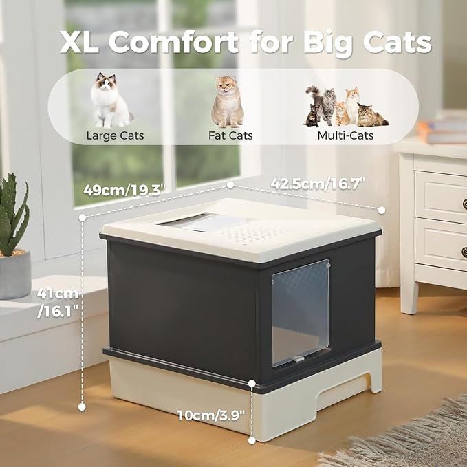 PAWZ Road Large Cat Litter Box, Dual Entry Litter Box with Lid, Fully Enclosed Drawer Type Cat Litter Box for Large Cats,Dark Gray