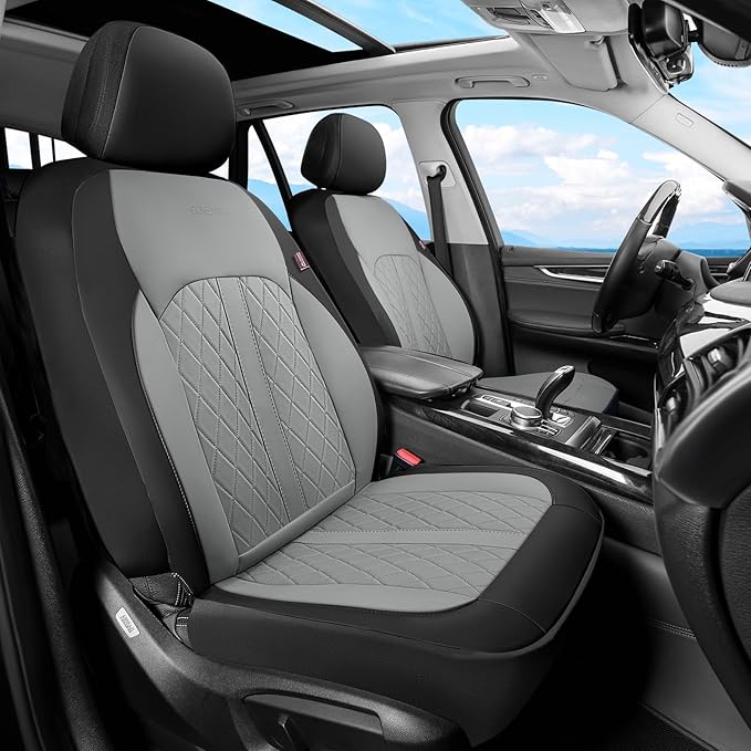 Coverado Universal Leather Seat Covers Full Set for 5 Seats – Waterproof, Durable All-Weather Protector for SUV, Pickup Truck, Sedan （Black&Gray）