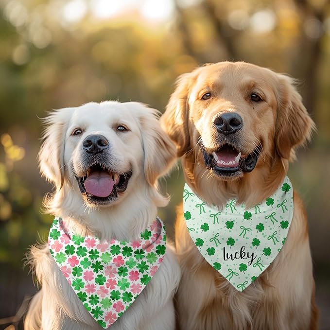 St. Patrick's Day Dog Bandana Reversible 2 Pack, St. Patricks Day Pet Bandanas for Dogs Cute Green Shamrock Adjustable Triangle Holiday Scarves for Medium Large Extra Large Boy Girl Dogs