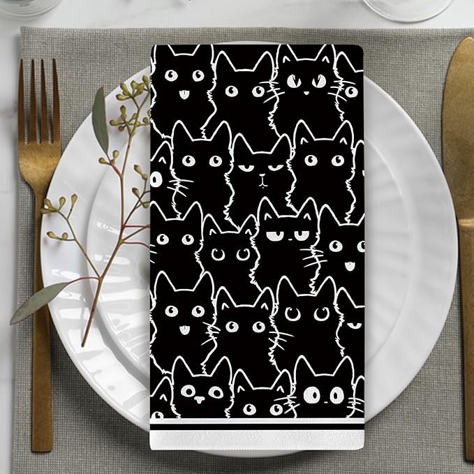 Black Cat Meow Kitchen Dish Towels Set of 2, Cute Kitten Drying Hand Towel Baking Cooking Cloth, Bathroom Home Decoration Pet Cat Owner Lover Gifts 18'' x 26''