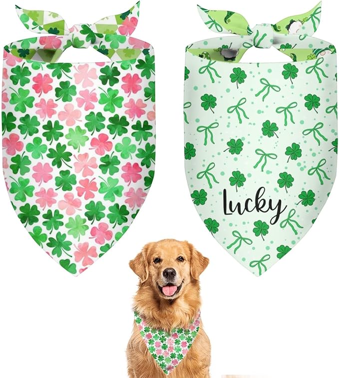St. Patrick's Day Dog Bandana Reversible 2 Pack, St. Patricks Day Pet Bandanas for Dogs Cute Green Shamrock Adjustable Triangle Holiday Scarves for Medium Large Extra Large Boy Girl Dogs