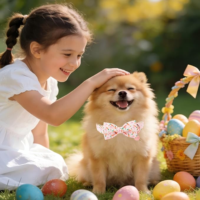Easter Dog Collar with Bow Tie, Cotton Bunny Bowtie for Large Girl Boy Dog, Cute Rabbit Pet Collar with Metal Buckle, Gift, S