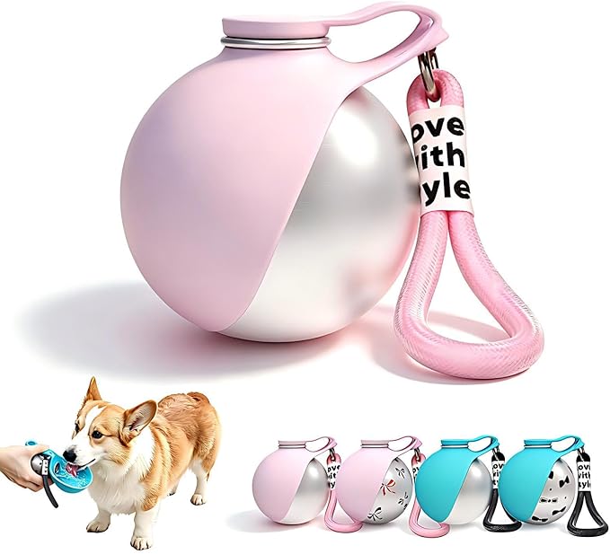 Portable Dog Water Bottle, 10 fl oz Stainless Steel Bottle & Silicone Bowl, Leak-Proof & Compact Puppy Travel Water Bottle with Lanyard, Water Dispenser for Walking Hiking Traveling, Unprinted, Pink