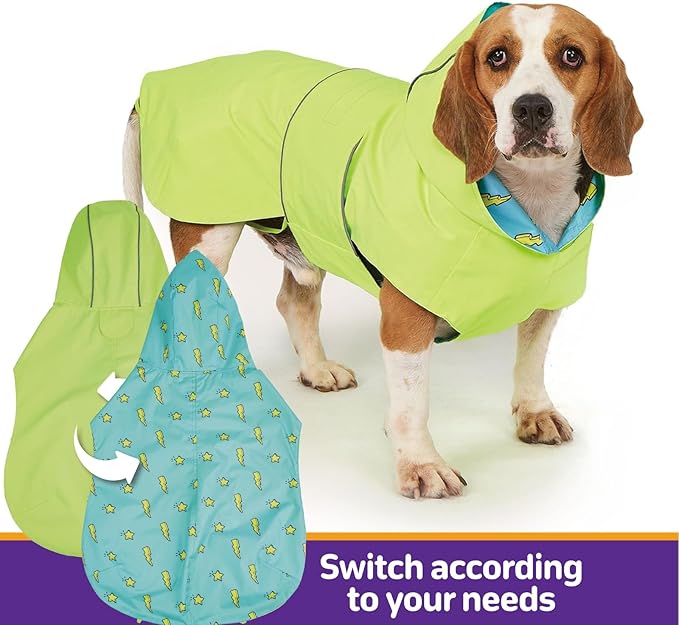 Kimee Dog Raincoat Reversible, Single Side Slicker Poncho Adjustable Waterproof Dog Rain Jacket with Leash Hole/Reflective Stripe Hooded Snowproof Windproof Clothes for Small to 3X-Large Dogs, S