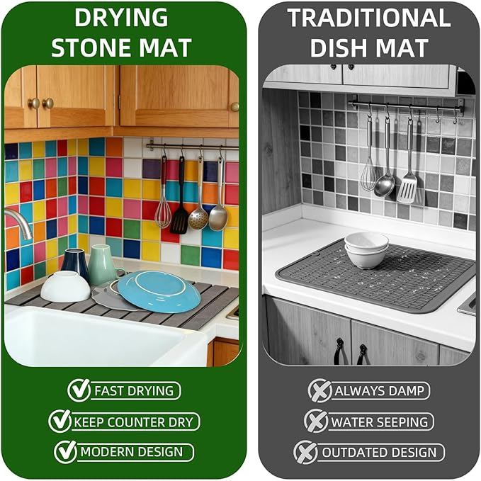 Stone Dish Foldable Drying Mat - Super Absorbent Fast Drying Stone Mat for Kitchen Counter, Dish, Pet Bowl & Plant Pot - Eco-Friendly, Non-Slip, Easy to Clean,16×12 Inches (Light Gray)