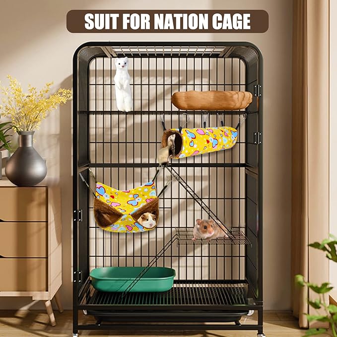 petonfun Ferret Rat Hammock Guinea Pig Hideout Toys Large Soft Small Animal Bed Sugar Glider Chinchilla Squirrel Hammock Set for Cage Accessories Pet House Hamster Hang Tunnel and Tube,2 Pack,Yellow