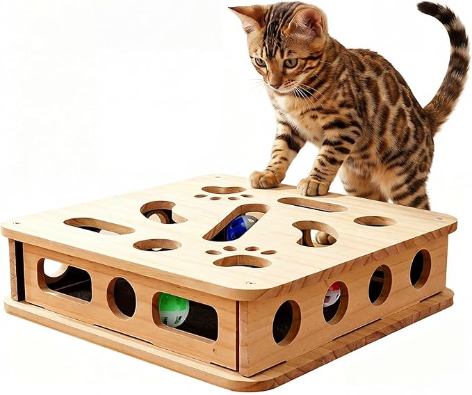 Cat Scratch Puzzle Enrichment Box, Cat Nail File Enrichment Box, Includes Replacement Sandpaper, 3 Bell Balls & 1 Teaser Wand,Wooden Puzzle Treat Toy Box Stimulate Cat Instincts for Bored Cats