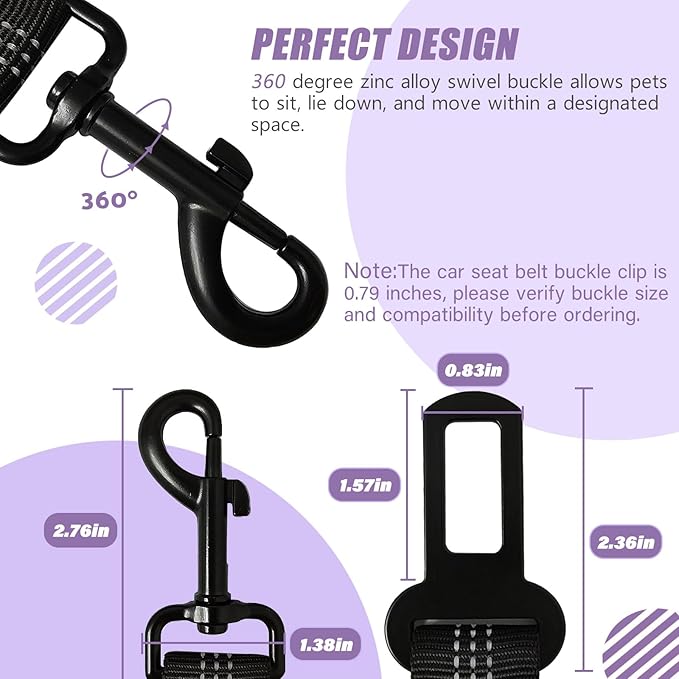 IBWell Dog Seat Belt,3 Piece Set Retractable Dog Car Harness Adjustable Dog Seat Belt for Vehicle Nylon Pet Safety Seat Belts Heavy Duty & Elastic (Black & Purple)