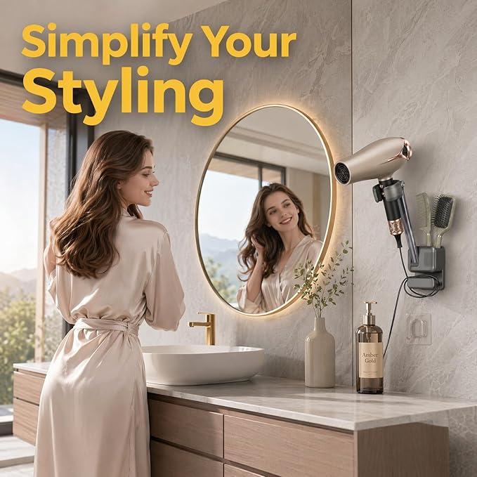 Hands Free Hair Dryer Holder Wall Mount, No Drill Installation, Damage-Free Wall, Adjustable Arm, With Cord Storage，Storage Slot，For Home & Hotel Bathroom, Bedroom Vanity, Fits Most Hair Dryers (Gray)