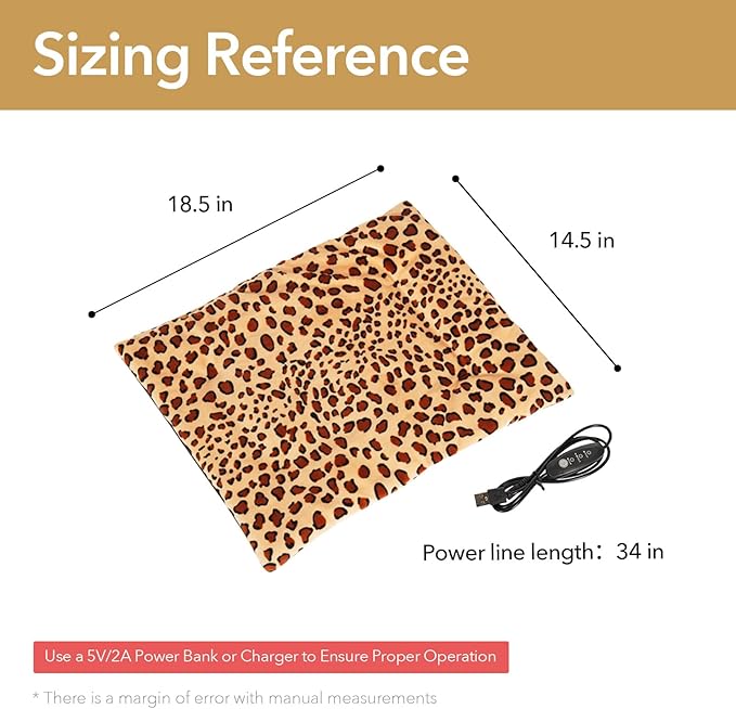 USB Heating Warmer Pad Bed for Cat, Small Dog and Pet, Safe 5V2A Power-Bank Battery Operated, 3-Temperature Settings, Washable, for Indoor and Outdoor Use. 15" x 19" x 0.6" (Leopard)