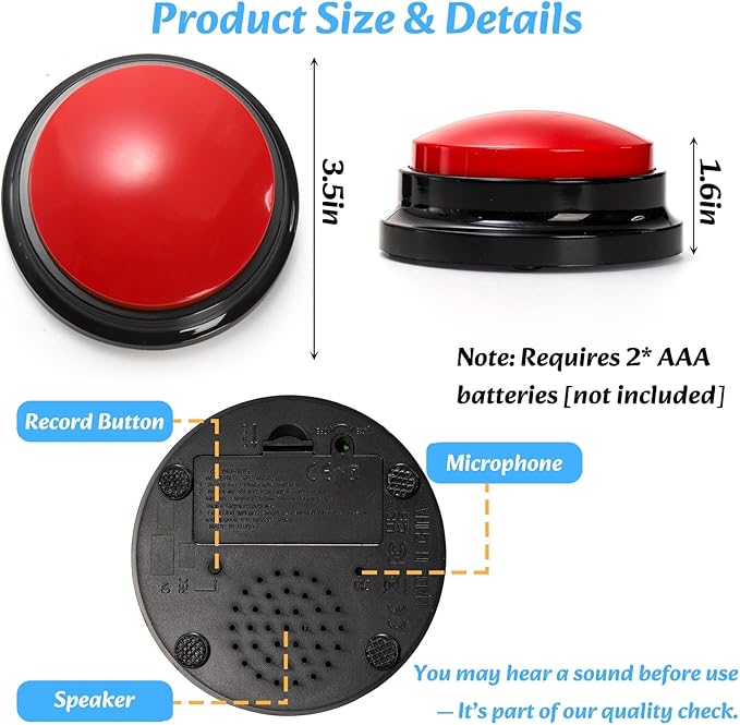 Youeon 6 Pack Voice Recording Button, 6 Colors Dog Buttons for Communication Pet Training Buzzer, 30 Seconds Record & Playback, Funny Record Buttons for Pet, Classroom, Office, Home