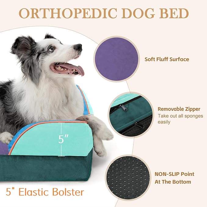 Comfort Expression Orthopedic Dog Bed for Large Dogs 36x27 Inch, Waterproof Egg Crate Foam Large Pet Bed with Bolsters, Dog Couch with Washable Cover & Non-Slip Bottom, Violet Tide