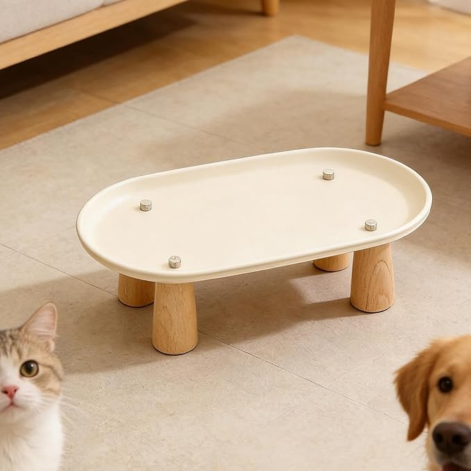 Generic Cat Bowl Raised Stand Rack to Protect Cat Neck Sturdy Non Slip Stable for Feeder Stand Elevated Holder, Beige 31cmx17cm