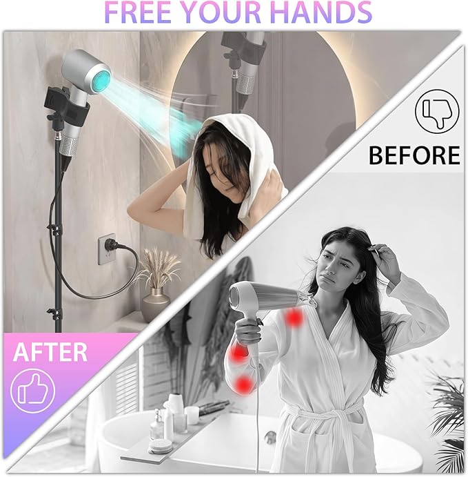 Hair Dryer Stand With 180 Degree Rotating, Free Hands Blow Dryer Holder With Tripod And Universal Clip, 30-61 Inch Adjustable Hair Dryer Holder For Bathroom, Vanity, Makeup Room