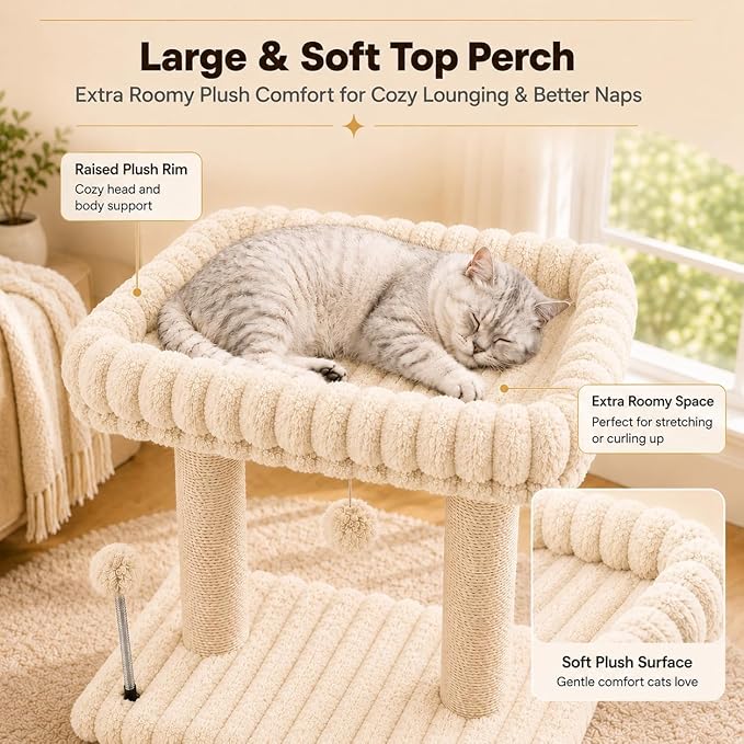 Cat Tree with Cat Scratching Post for Indoor Cats,Small Cat Tower with Soft Large Perch Bed Sisal Scratcher for Medium Cats and Kitten,Activity Play Centre Spring & Hanging Toy Balls,Beige