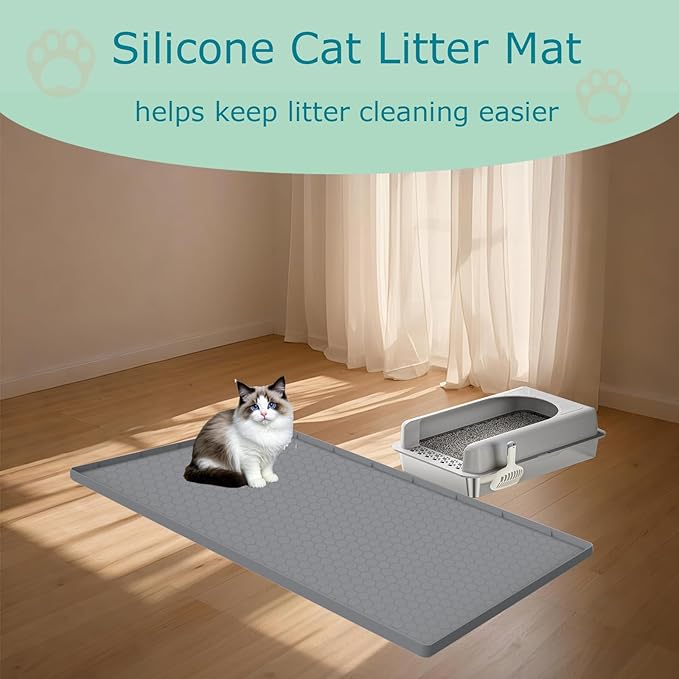 Cat Litter Mat for Litter Box, Silicone Large Cat Litter Trapping Mat - 37x22 in, Waterproof & Non-Slip, Durable & Easy Clean, Grey