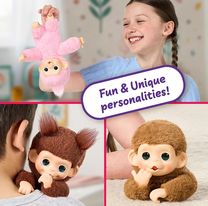 Little Live Pets Baby Monkey Minis – Luna Lemon. Interactive Pet Toy. 20+ Sounds & Reactions. Soft Pink Fur. 7.4" Tall. Feed, Nurture. React. Grippy Hands & Feet. Collect All 3