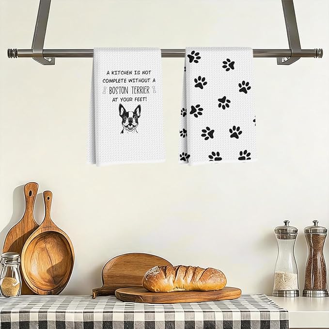 2Pcs Boston Terrier Dog Paw Kitchen Towels 24x14 Inch, Boston Terrier Gifts for Woman Mom, Reusable Waffle Weave Microfiber Absorbent Hand Tea Towels for Kitchen Bathroom Decor, Dog Lovers Gifts