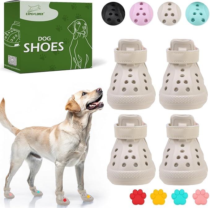 EVA Dog Shoes- Non-Slip Waterproof Dog Booties for Hot Pavement, Easy ON & Off, Reflective Adjustable Pet Boots & Paw Protectors, Rugged Sole for Small Medium Large Dog Outdoor Walking (Beige,XL)