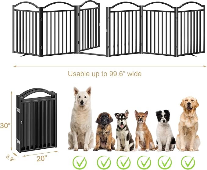BHG Metal No-Assembly Freestanding Dog Gate with Door Walk Through, Extra Wide 120", Extra Tall 30" Pet Gate, Accordion Puppy Folding Playpen Dog Fence for Indoor & Outdoor, with 2PCS Support