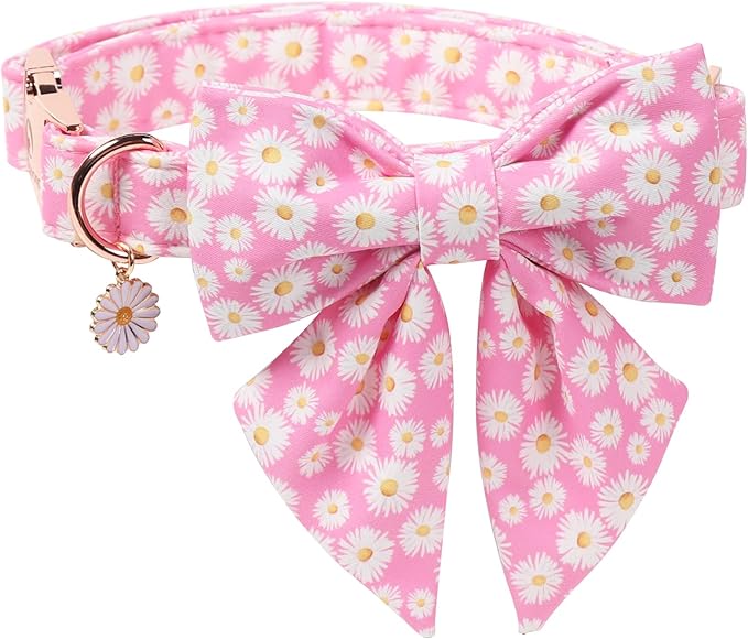 DOGWONG Spring Dog Collar with Sailor Bow, Soft Comfortable Adjustable Cute Pink Daisy Collar Flower Dog Collars for Small Dogs, S
