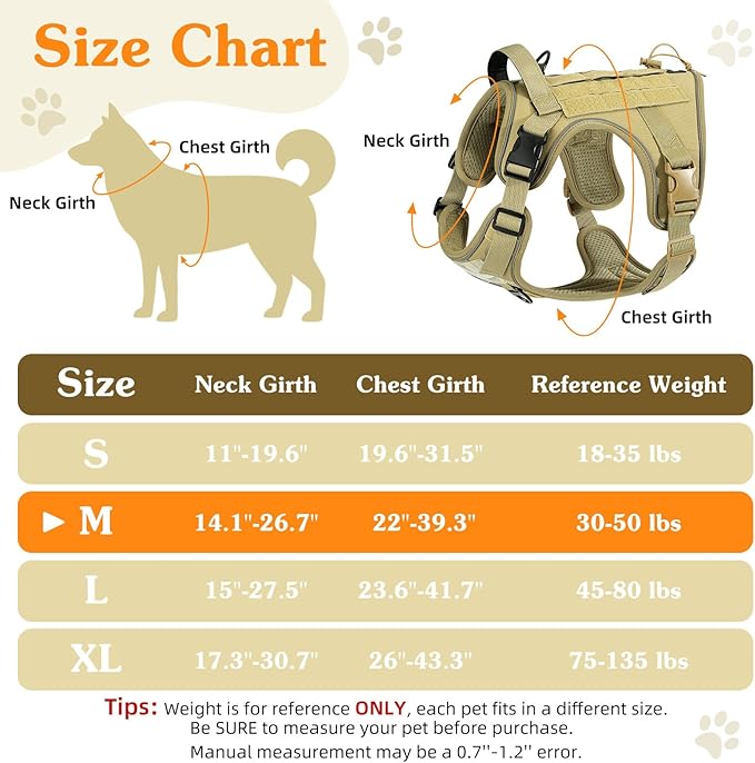 VavoPaw Heavy Duty Tactical Dog Harness for Medium Dogs, No Pull Adjustable Pet Harness Reflective Service Training Easy Control Pet Vest Military K9 Working Dog Harnesses, Army Yellow, M