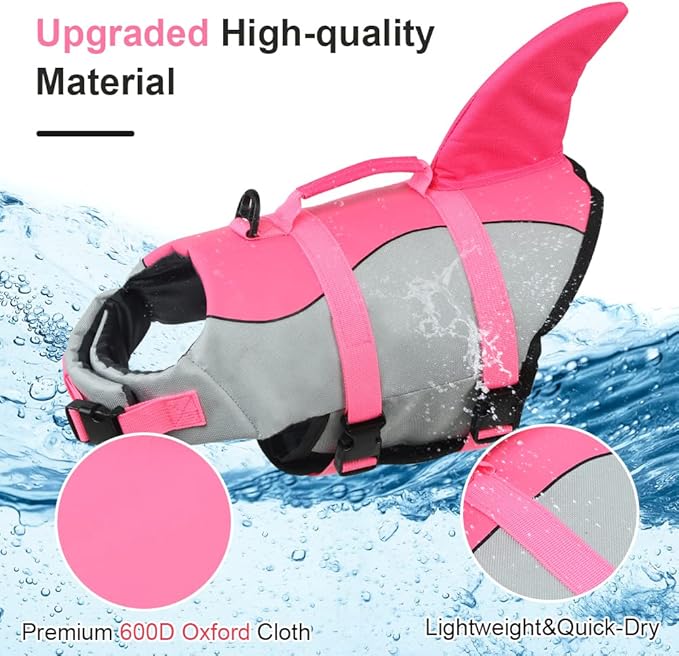 EMUST Shark Life Jackets for Dogs, Adjustable Ripstop Dog Life Vest for Water Safety Pet Life Vest with Rescue Handle Safety Vest for Swimming Pool Beach Boating, (L,Pink)