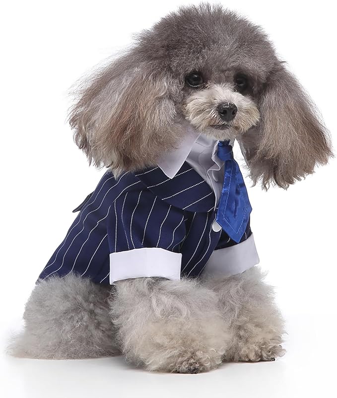 GabeFish Pets Wedding Jackets Suit for Dogs with Bow Tie Puppy Cat Formal Clothes Shirt Tuxedo (BlueStriped, M (Chest 15.3in/39cm)